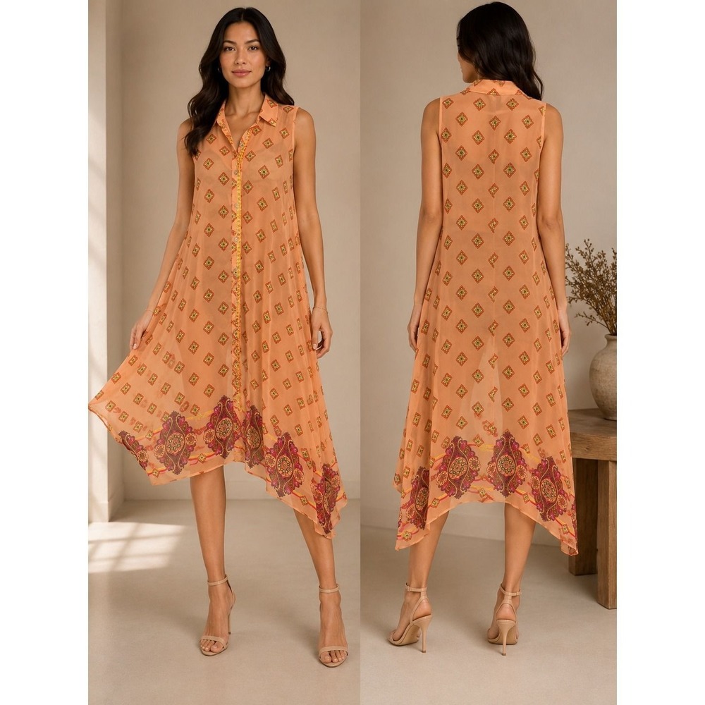 S 62 Uncle Frank Boho Sheer Sleeveless Midi Dress Handkerchief Hem Button Front
